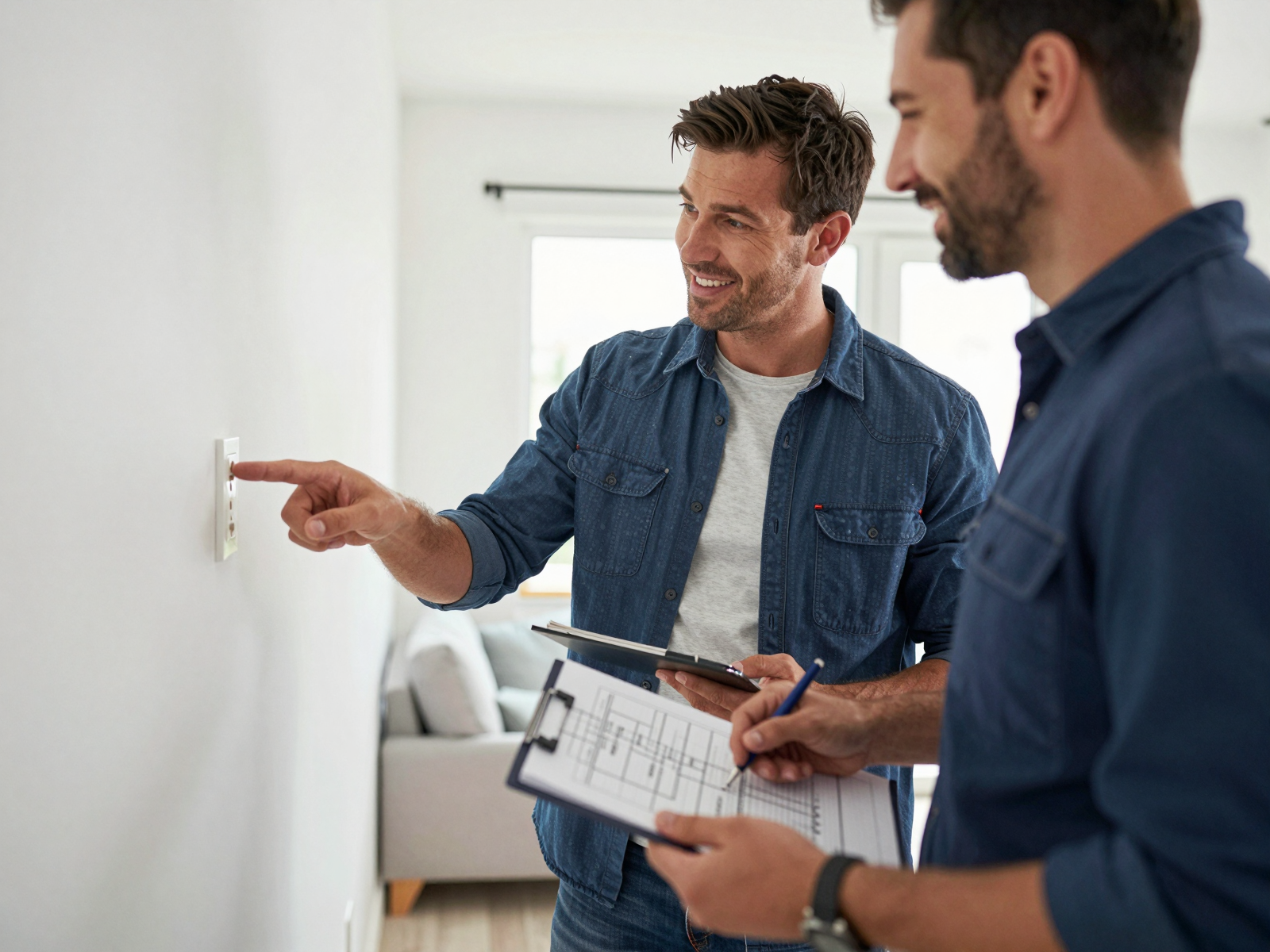 Electrician discussing wiring project with homeowner